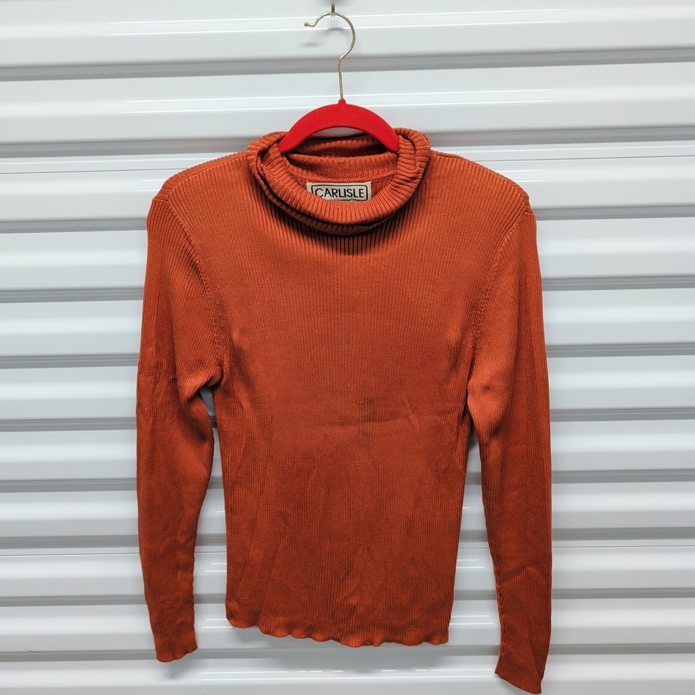 Carlisle XL Women Burnt Orange 100%‎ Silk Ribbed Knit Turtleneck Sweater Vintage